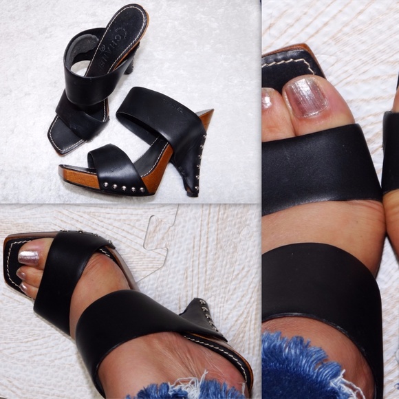 Chanel 36 Leather Strap Wood Sandal Heel Boho 5.5 Heels